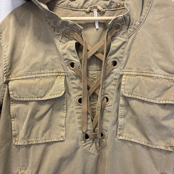 Free People Lace Up Anorak Jacket Womens Large Tan Beige Hooded Utility Cotton - Picture 10 of 10